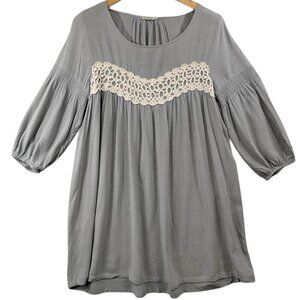 Kori America Dress Womens Small Gray Mini Boho Top‎ Tunic Festival Lace Babydoll